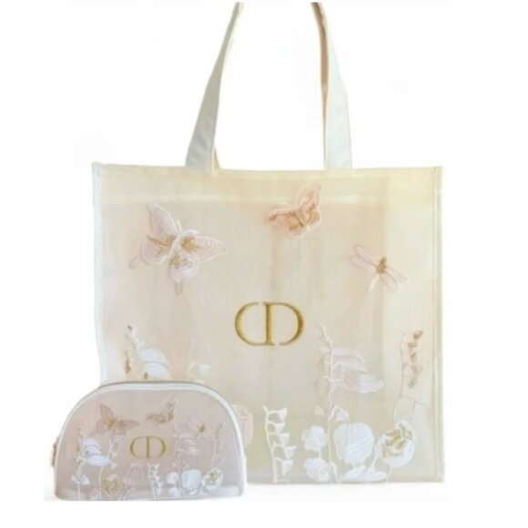 Dior Beige Large Mesh Tote & Makeup Bag Set - butterfly Floral Embroidered - Picture 1 of 6